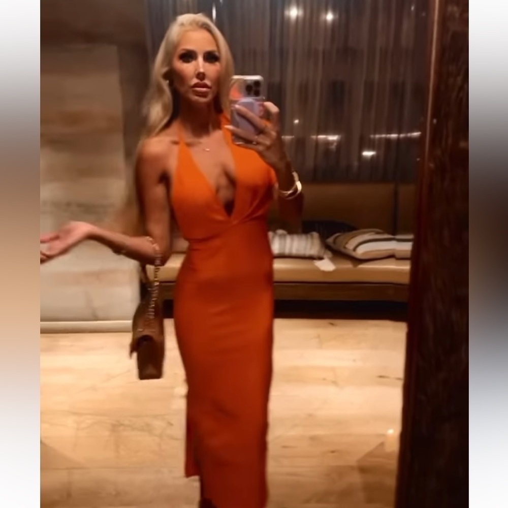 Orange Asymmetrical BodyCon Stretch Midi Dress Cocktail Dress